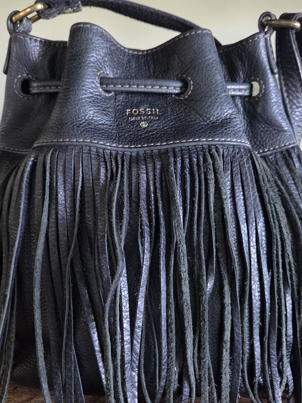 Vintage Fossil Black Leather Fringe Bucket Bag